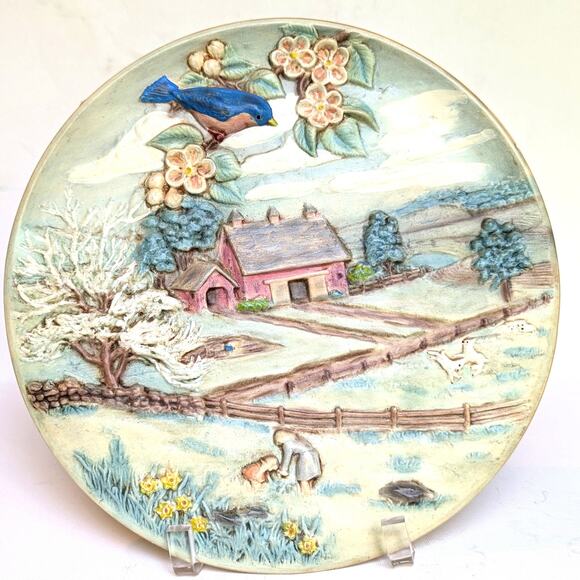 Byron Molds 3D Ceramic Wall Hanging Plate – Vintage 1980 Cottagecore Farm Scene - Picture 3 of 10